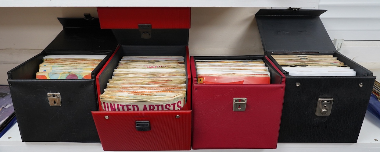 Four 7” single carry cases, containing singles on labels including; Brunswick, Decca, HMV, Pye, Columbia, etc. artists including; Bill Haley, Rod Stewart, David Bowie, Buddy Holly, Gene Vincent, Cliff Richard, Tommy Stee